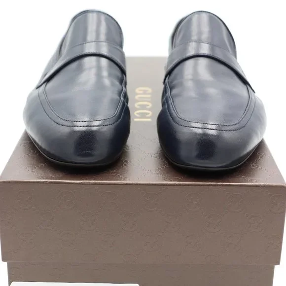 NIB Gucci Mens Navy Blue Unlined Leather Slip-on Loafers Shoes - Picture 2 of 9